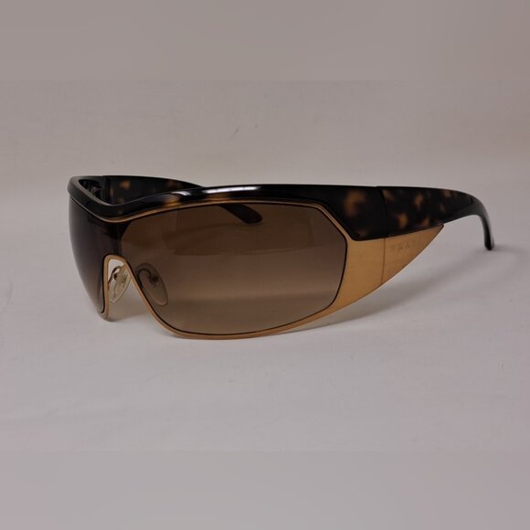 Prada Women's Sunglasses Shield Triangle Logo Mask Gold Tortoise Brown SPR 621 - Picture 7 of 14